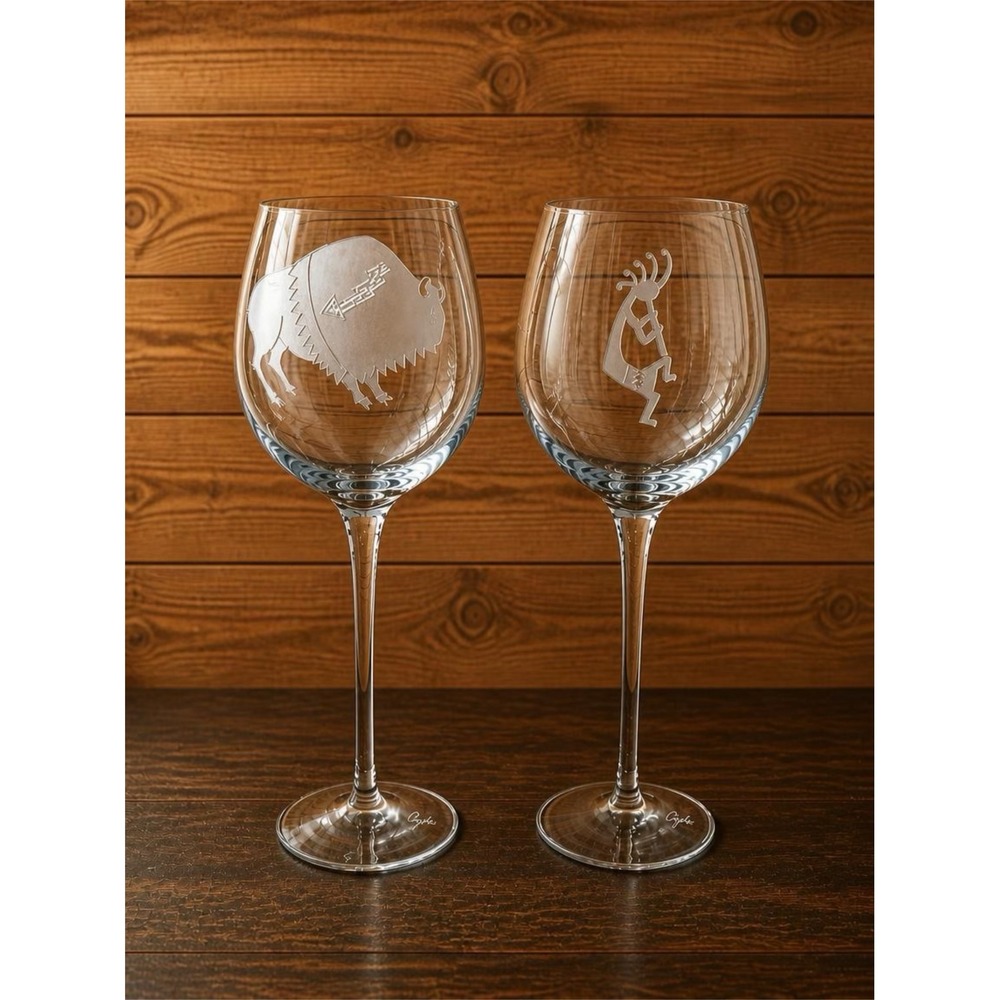 Coyle Etched Wine Glasses Set of 2 Buffalo Kokopelli Southwest Art 8.5" Tall